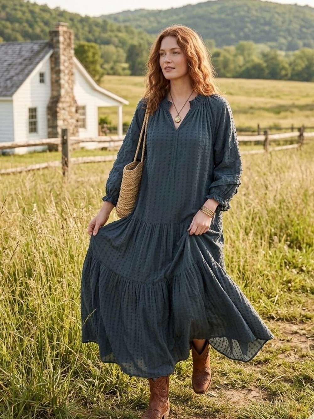 APIECE APART NY Romana Maxi Dress 10 Rosin Green Cotton Tiered Long Sleeve Dobby